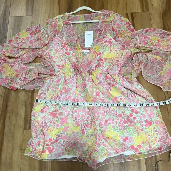 Miss Selfridge Floral Chiffon Romper Pink Yellow Long Sleeve V-Neck US 12 NWT - Picture 10 of 11